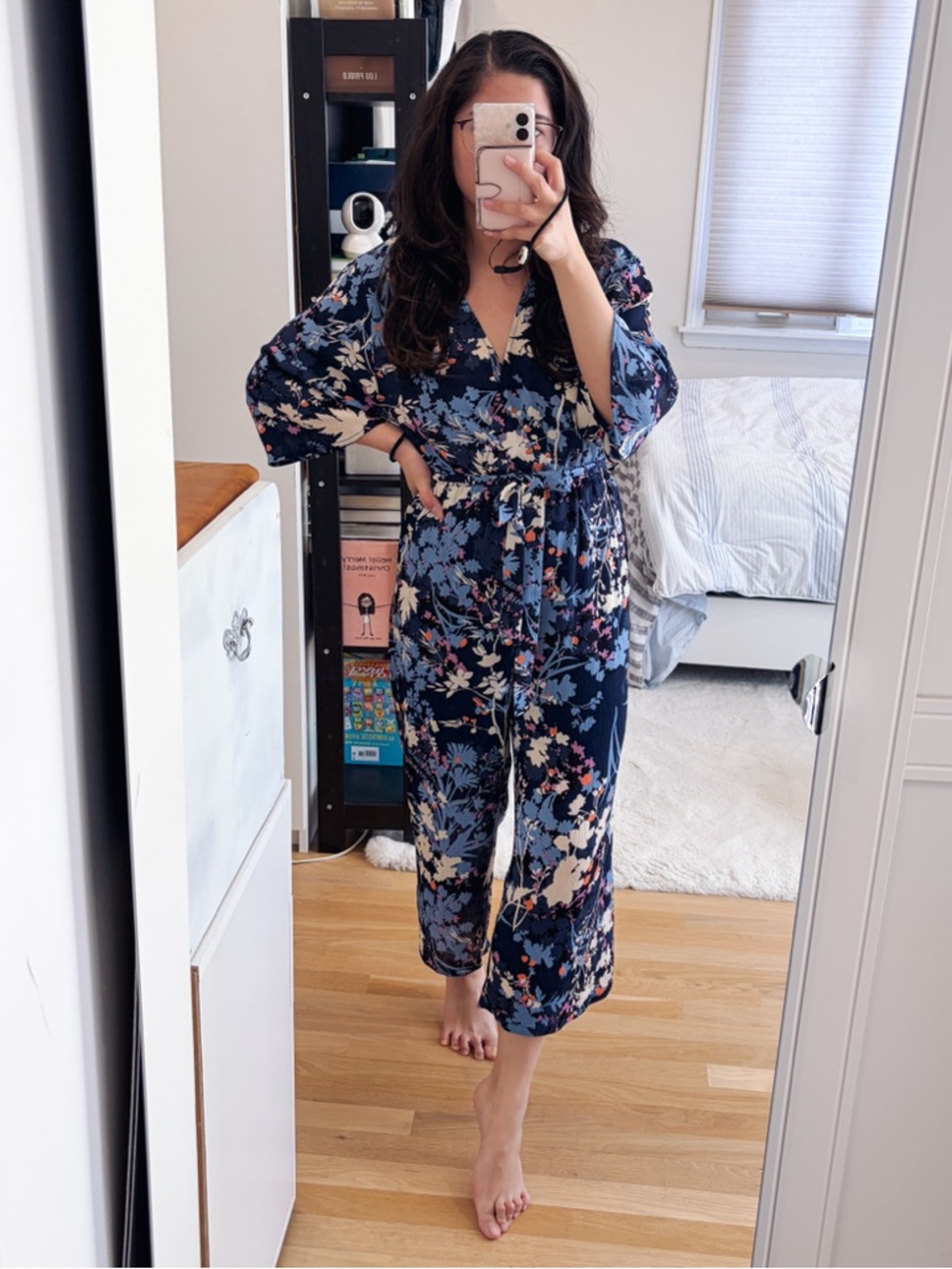 VICI Navy Floral V-Neck Short Kimono Sleeve Jumpsuit Crop Length with Waist Tie
